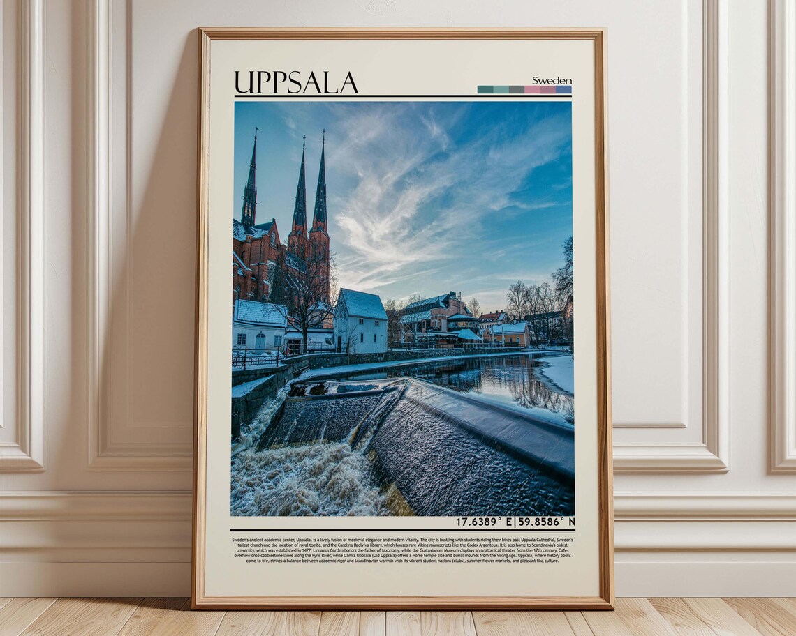 Uppsala Sweden Cathedral Snowy Winter River Scene Travel Poster