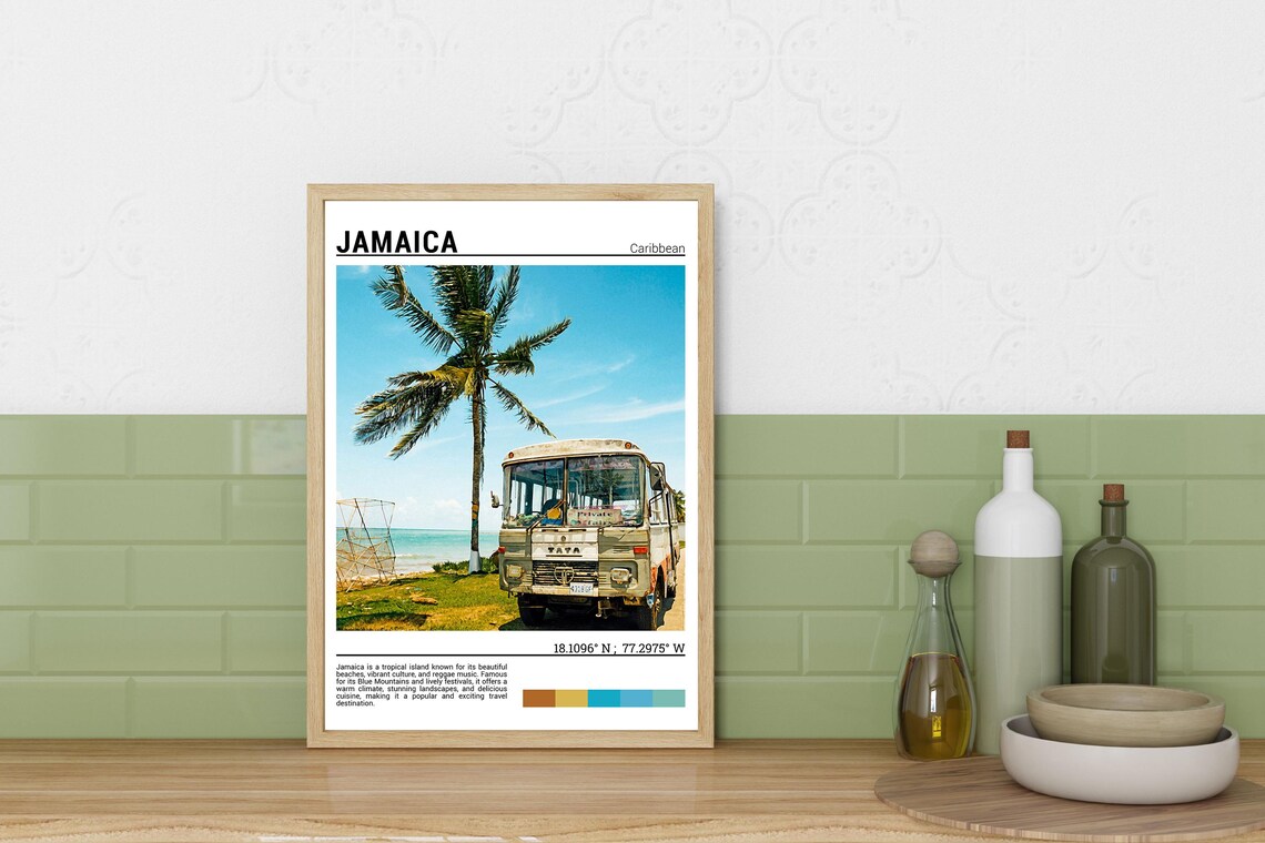 Jamaica Caribbean Vintage Bus Palm Tree Beach Tropical Travel Poster - Image 3
