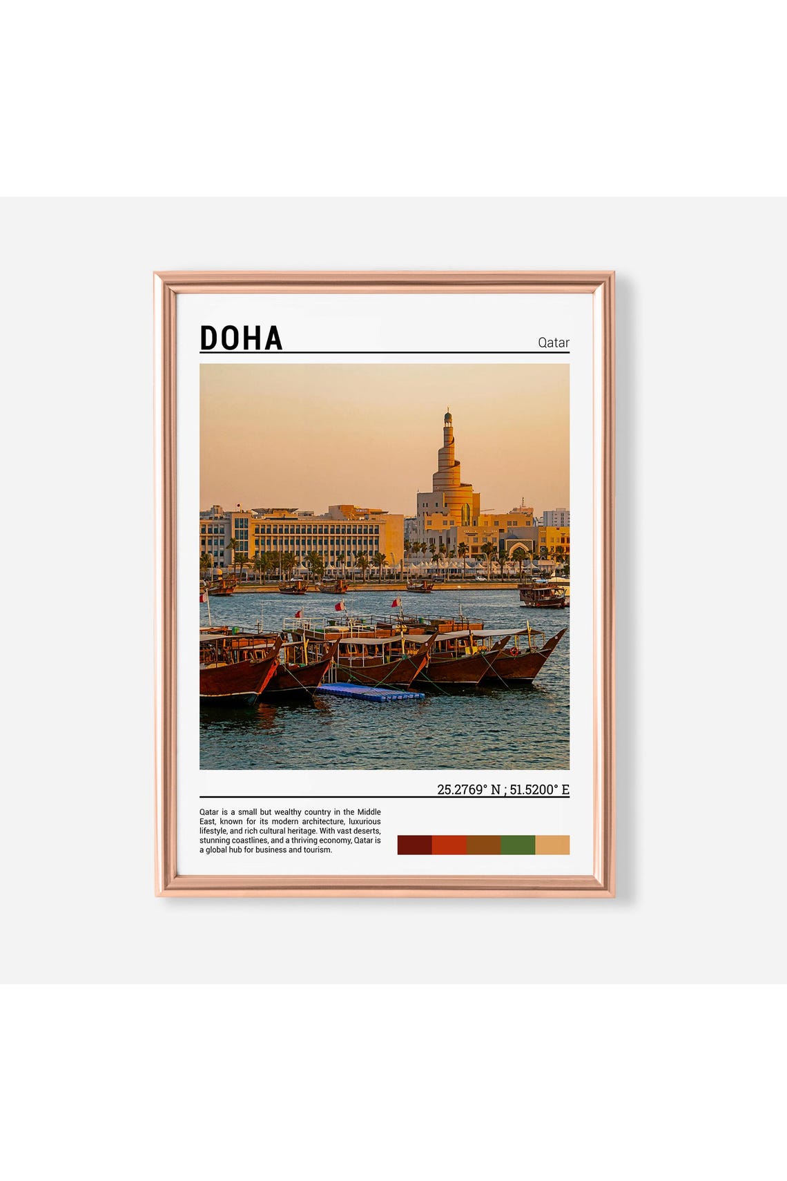 Doha Qatar Traditional Dhow Boats Spiral Minaret Sunset Poster