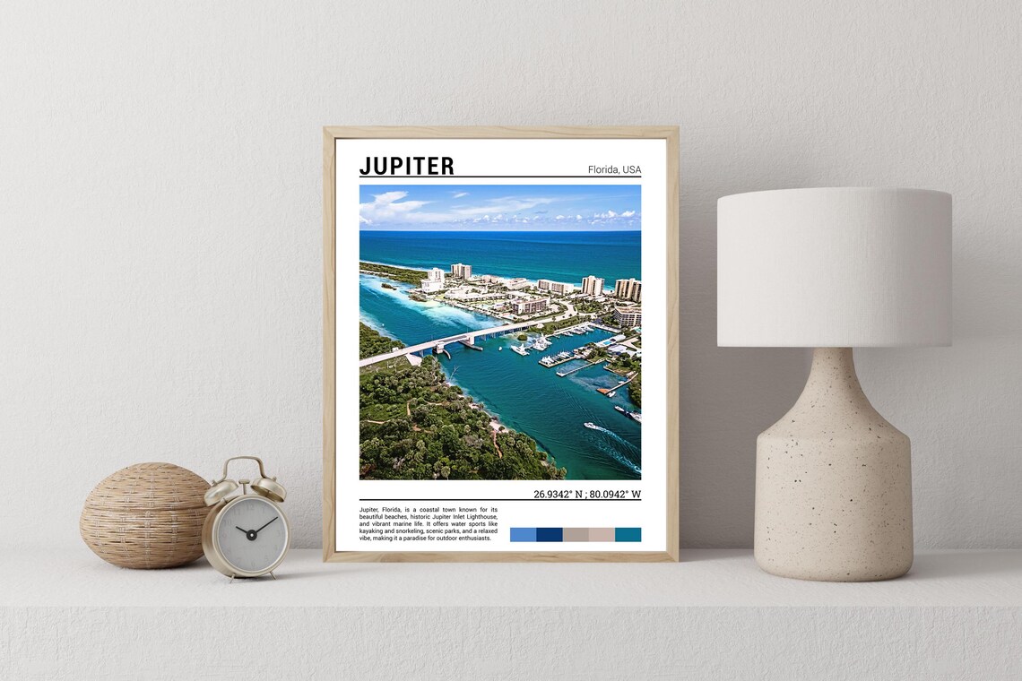 Jupiter Florida Aerial Inlet Marina Bridge Coastal Town Travel Poster - Image 2
