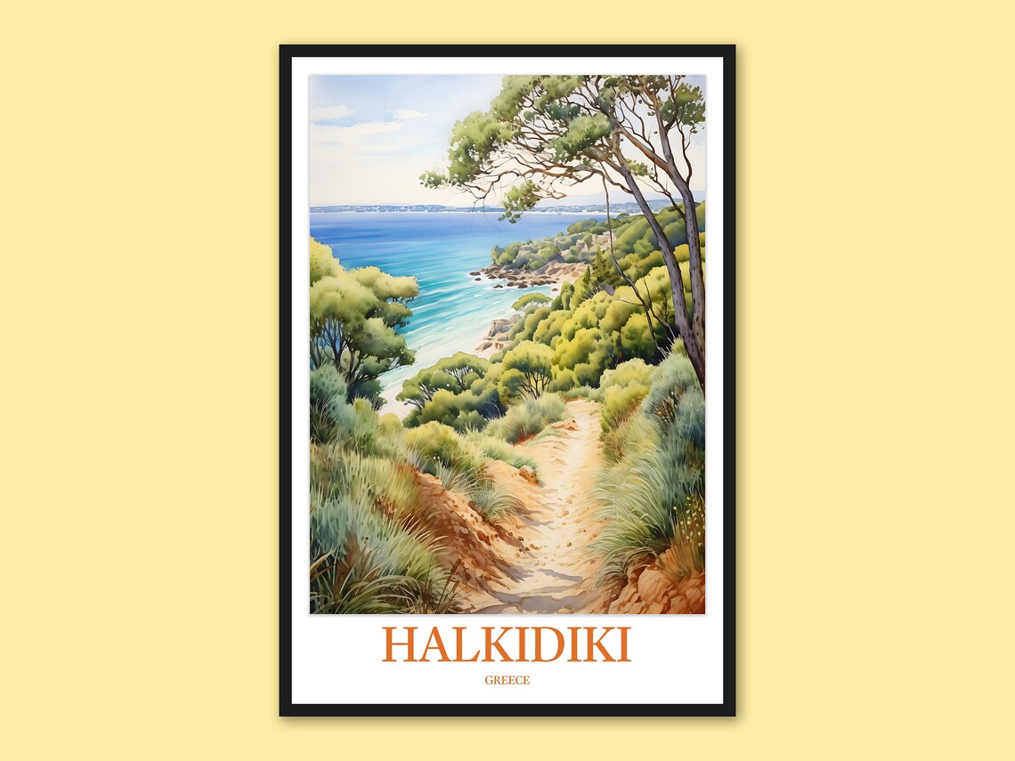 Halkidiki Greece Watercolor Coastal Trail Beach Travel Poster