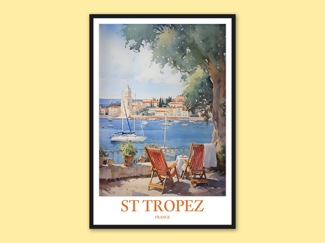 St Tropez Terrace Deck Chairs Harbor View Watercolor Travel Poster