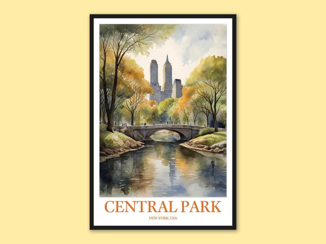 Central Park Bow Bridge New York Autumn Watercolor Art Poster