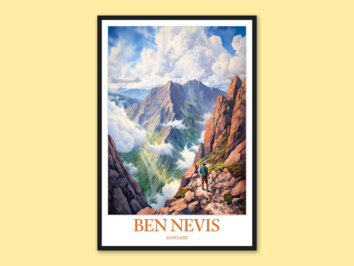 Ben Nevis Scotland Hiker On Rocky Trail Toward Peaks Travel Poster