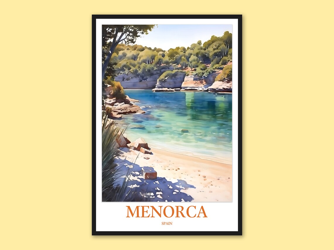 Menorca Spain Secluded Rocky Cove Watercolor Travel Art Poster