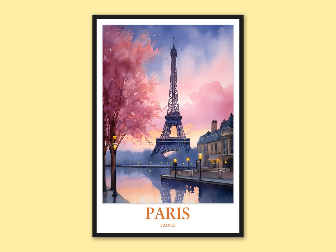 Paris Eiffel Tower Pink Blossom Watercolor France Travel Poster