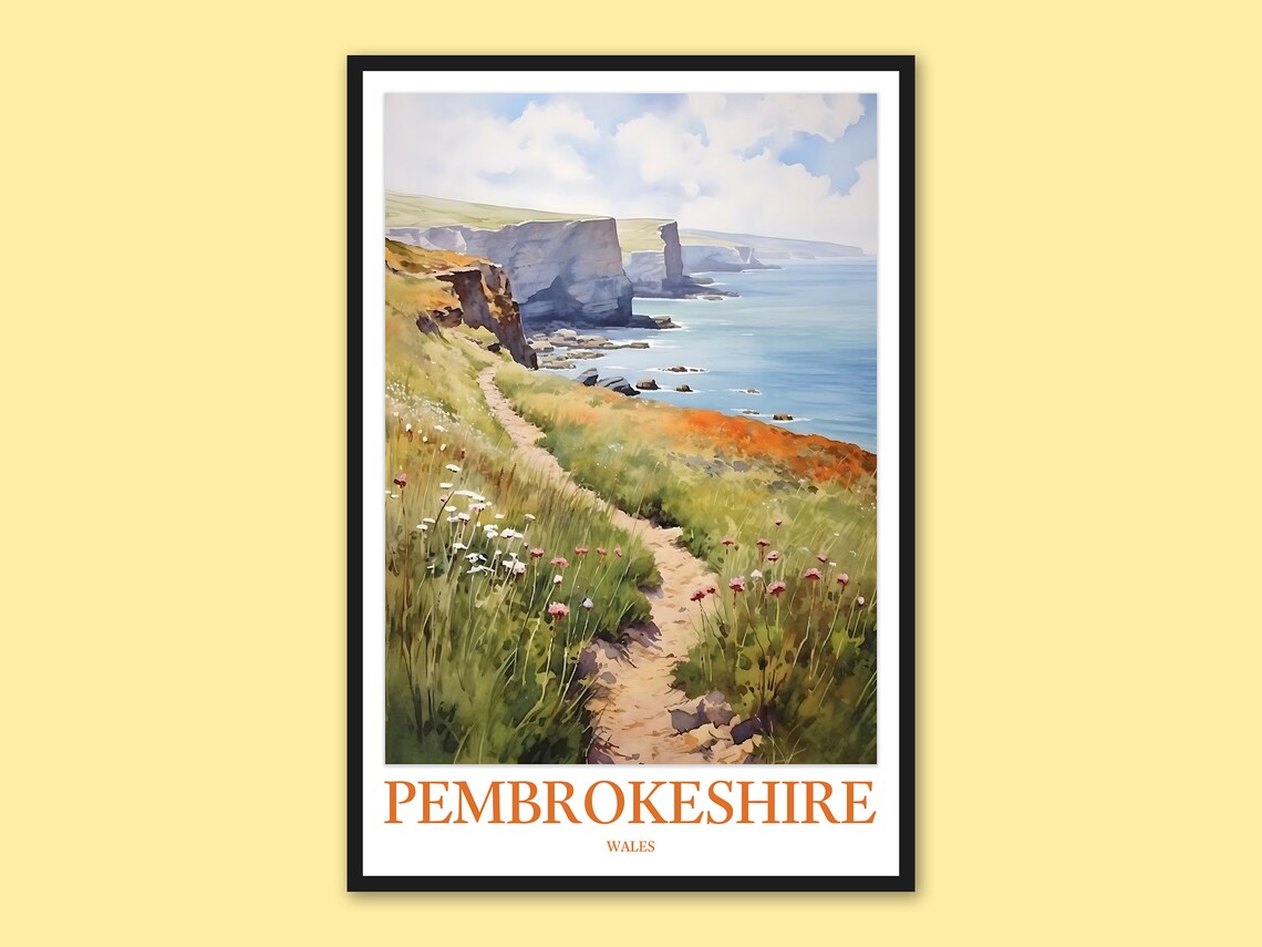 Pembrokeshire Coast Path Wildflowers Cliffside Travel Poster Wales