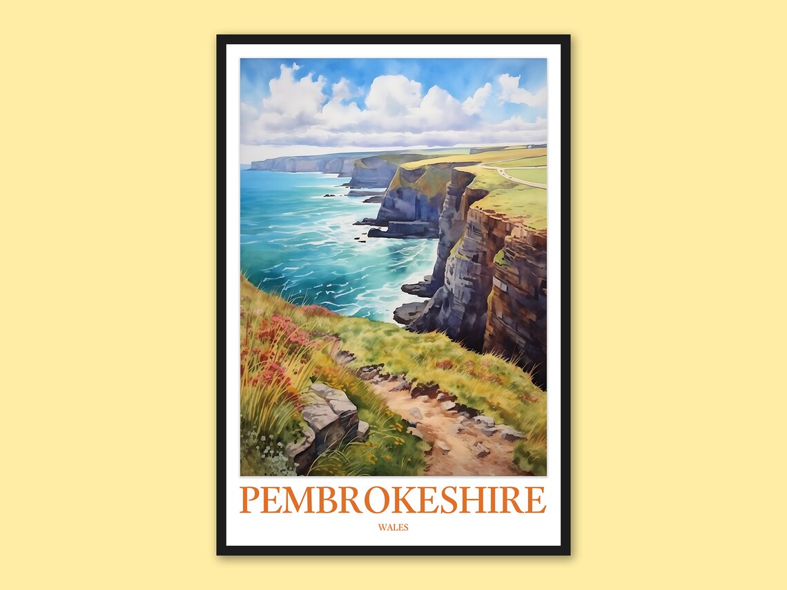 Pembrokeshire Wales High Cliff Trail Overlooking Ocean Travel Poster