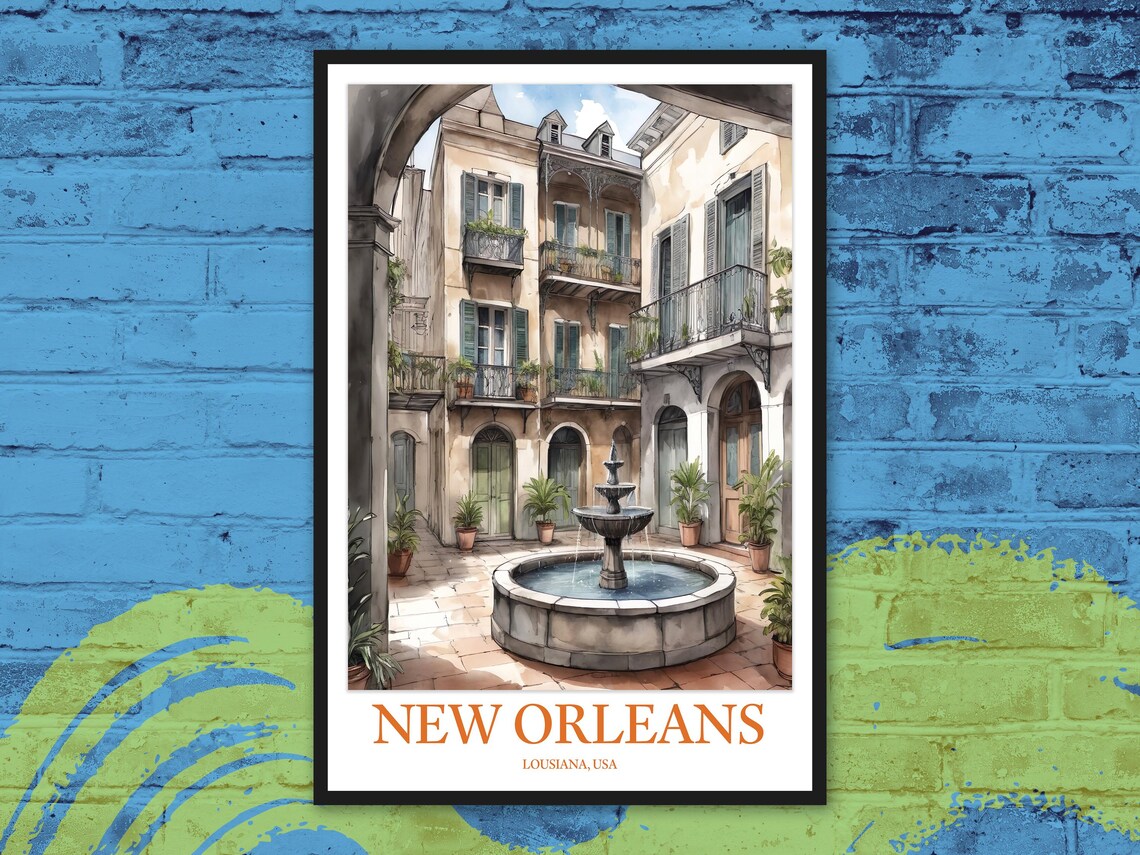 New Orleans French Quarter Courtyard Fountain Watercolor Poster