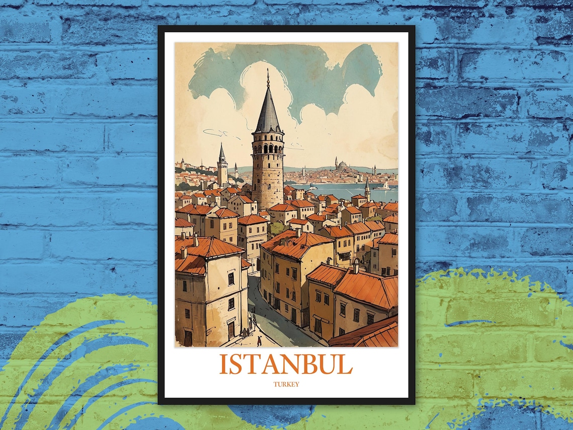 Istanbul Turkey Galata Tower Vintage Rooftop Travel Art Poster