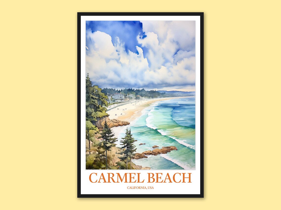 Carmel Beach Clifftop Pines and Turquoise Waves Watercolor Poster