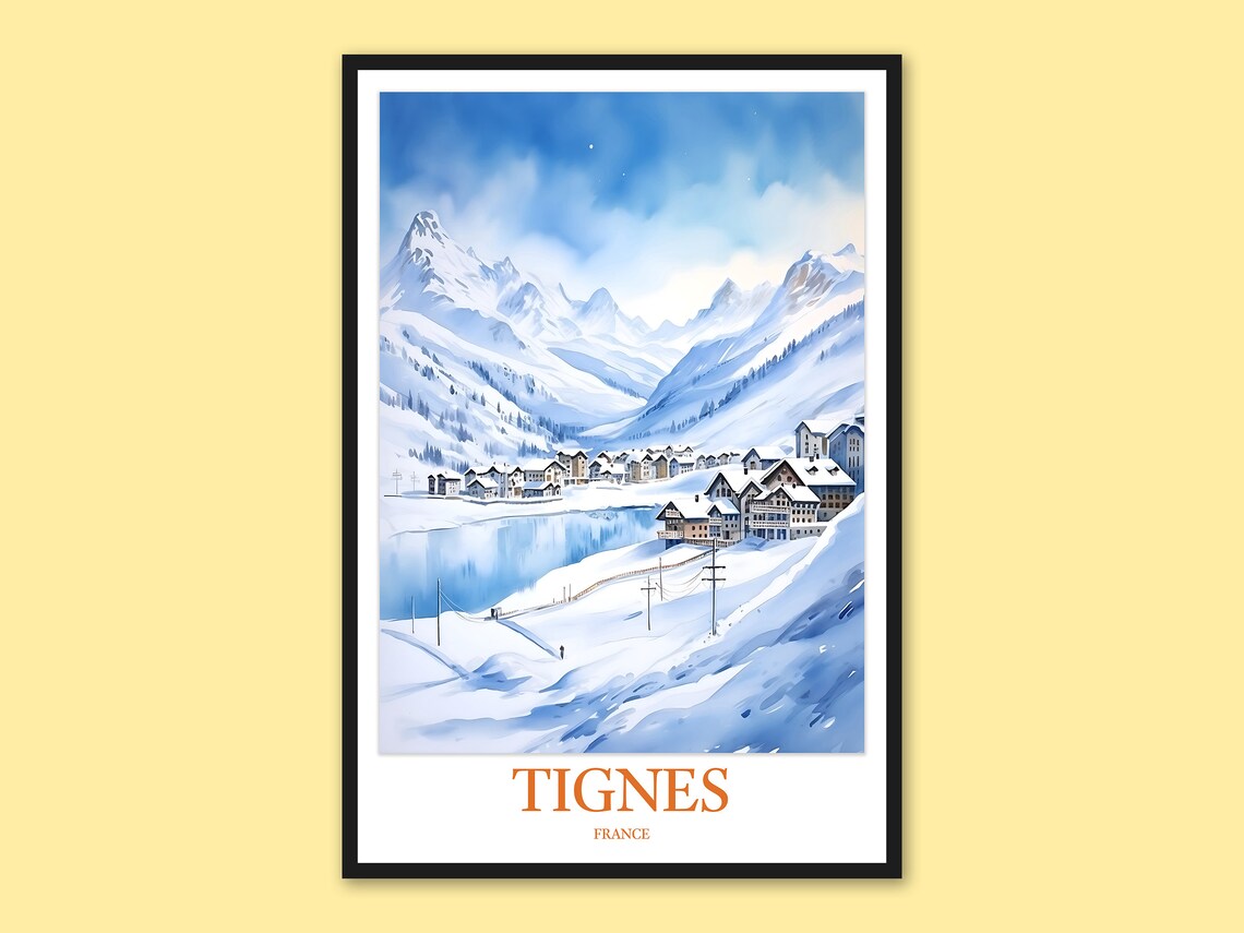 Tignes France Snowy Lakeside Village Watercolor Travel Poster