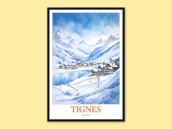 Tignes France Snowy Lakeside Village Watercolor Travel Poster