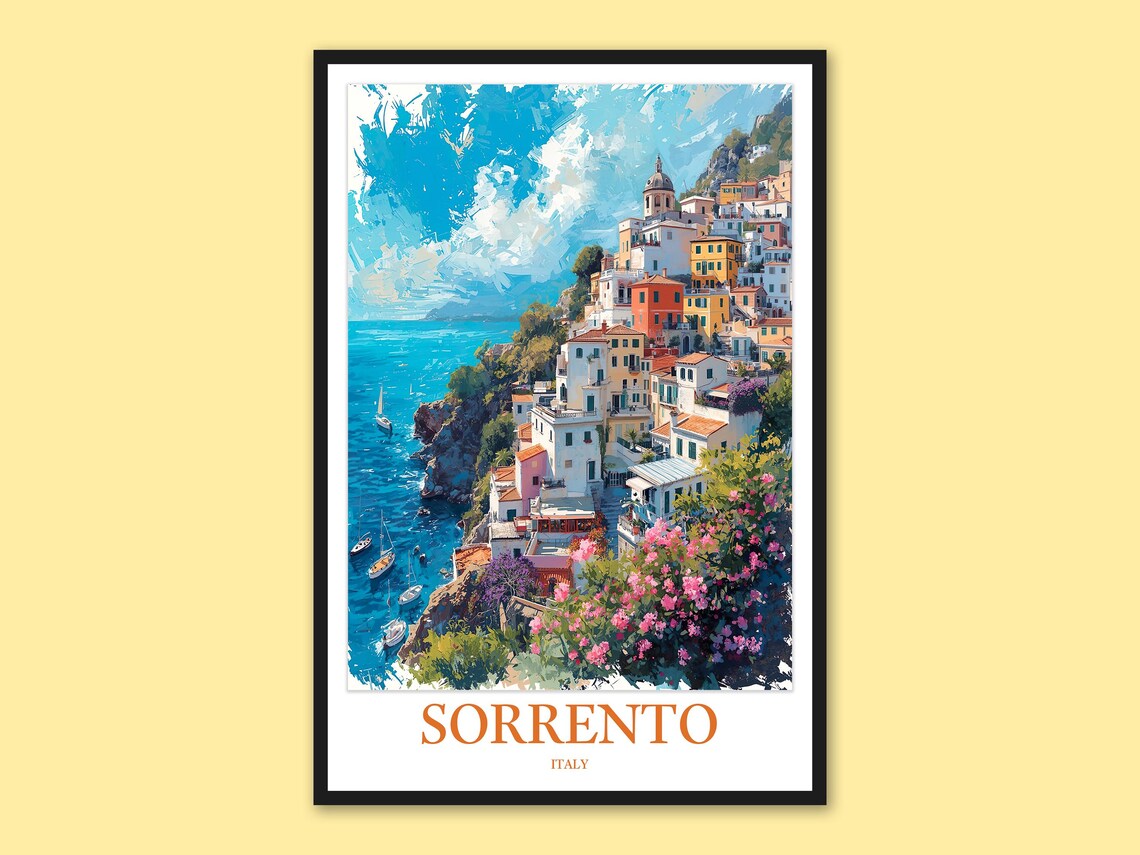 Sorrento Italy Colorful Cliffside Houses Seaside Sailboats Poster