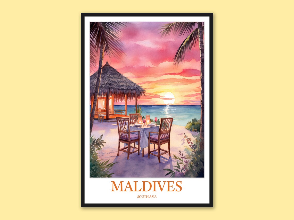 Maldives Thatched Beach Hut Sunset Watercolor Romantic Travel Poster
