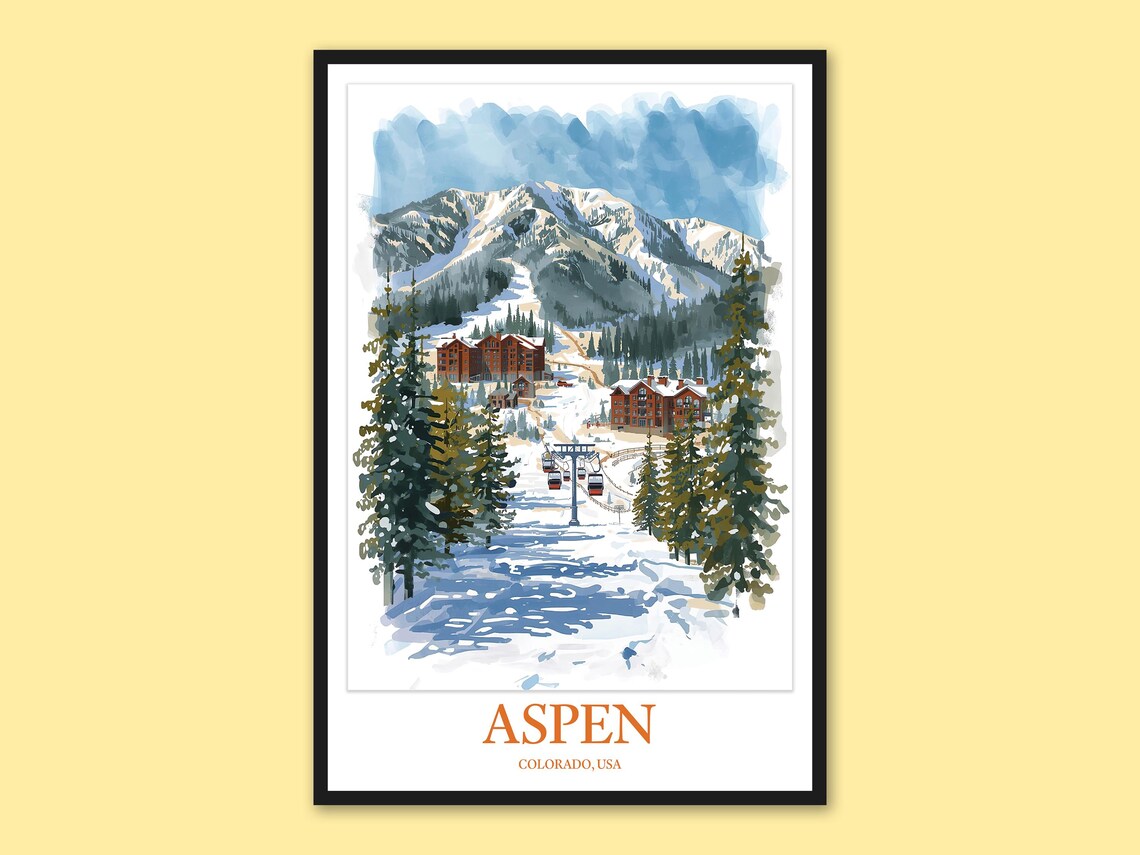 Aspen Ski Lodge Village Gondola Colorado Winter Travel Poster