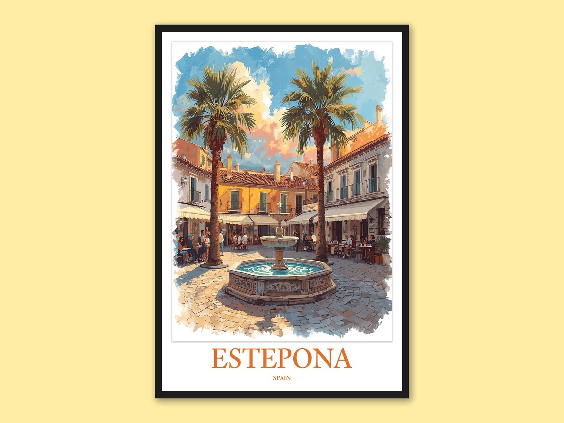 Estepona Spain Fountain Plaza Watercolor Mediterranean Poster