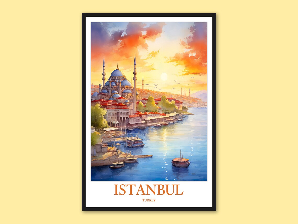 Istanbul Turkey Sunrise Mosque Harbor Watercolor Travel Poster