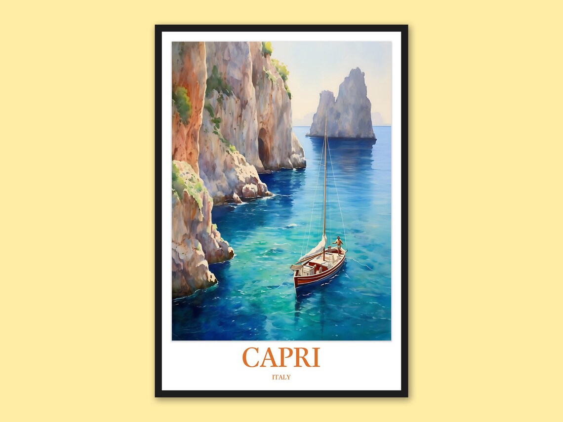 Capri Faraglioni Cliffs Sailboat Watercolor Italy Travel Poster
