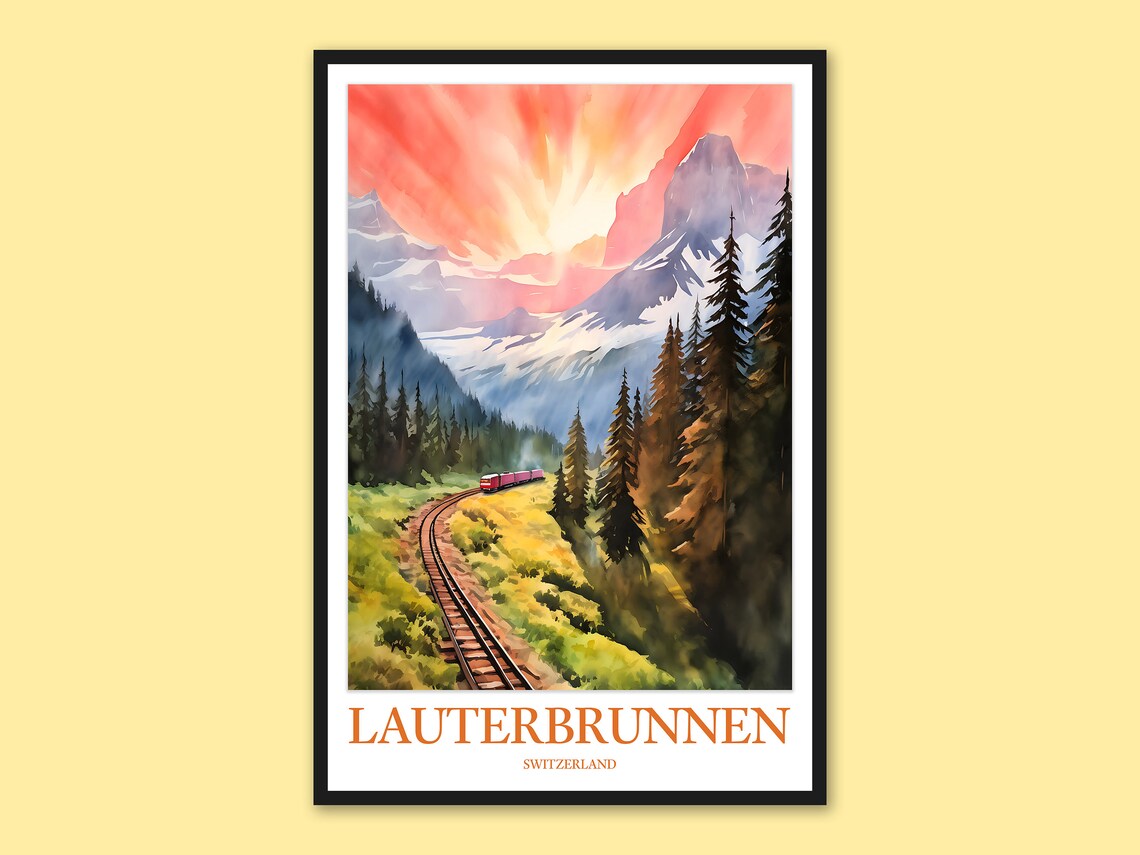Lauterbrunnen Switzerland Scenic Red Mountain Train Sunset Poster