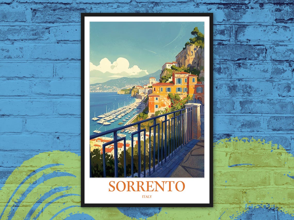 Sorrento Italy Harbor Marina Blue Railing Daytime Travel Poster