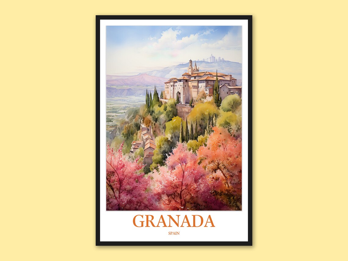 Granada Spain Old Town Hillside Watercolor Cityscape Travel Poster