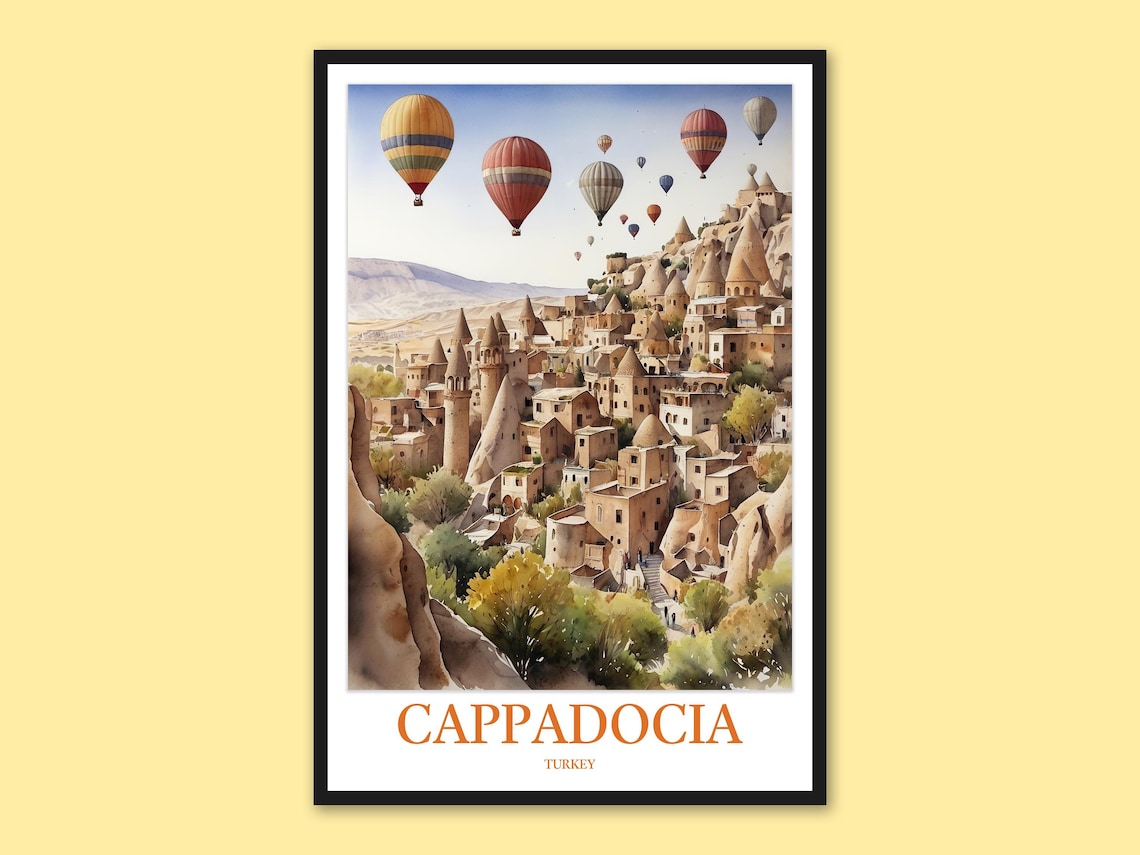Cappadocia Hot Air Balloons Fairy Chimneys Village Travel Poster