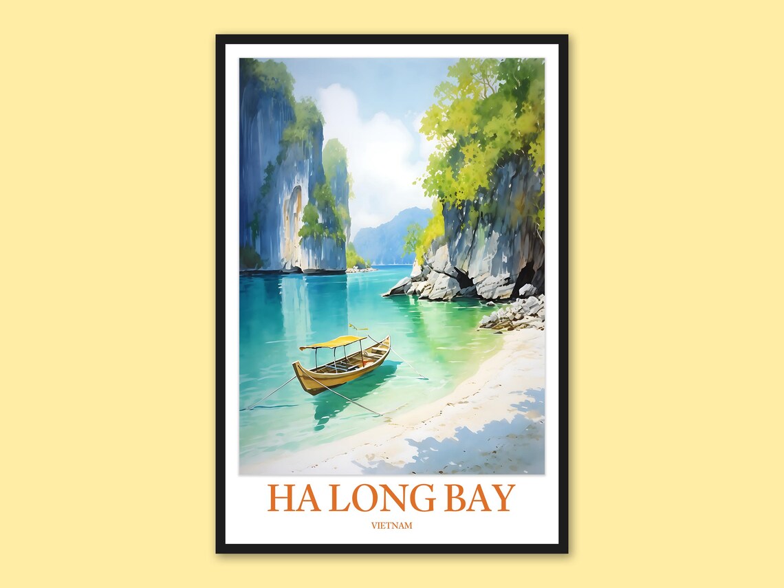 Ha Long Bay Vietnam Wooden Boat Watercolor Harbor Travel Poster