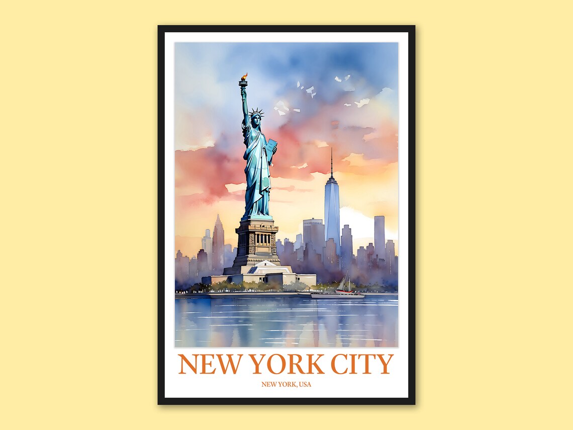 New York City Statue Of Liberty Morning Skyline Watercolor Poster