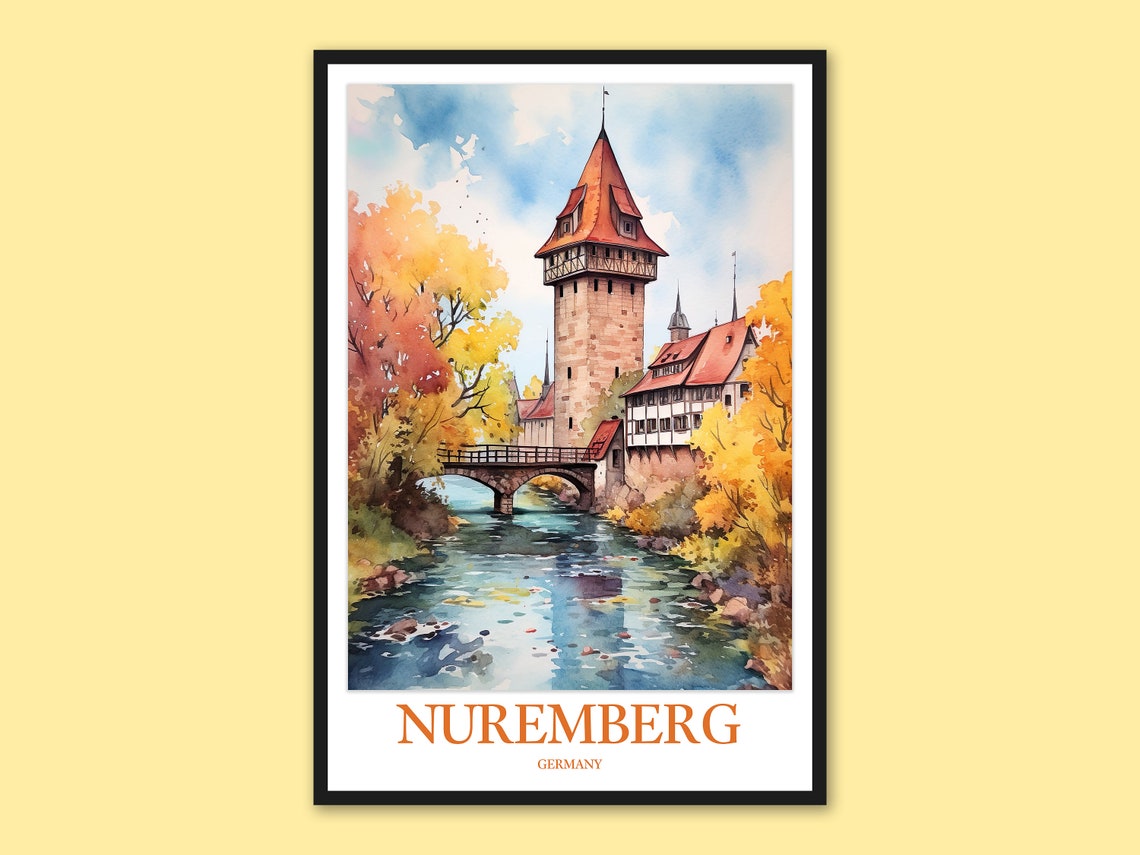 Nuremberg Germany Autumn River Tower Bridge Watercolor Poster
