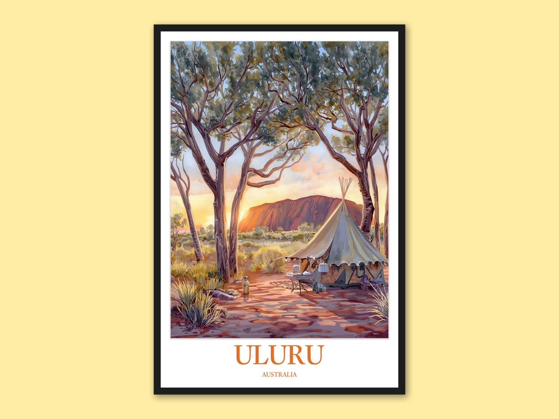 Uluru Travel Poster Red Rock Camping Sunset Print