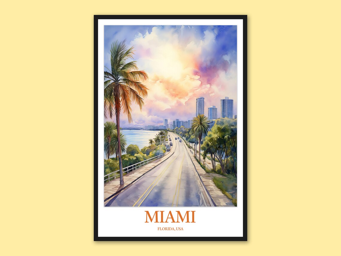 Miami Florida Coastal Road Lined with Palms at Sunset Poster