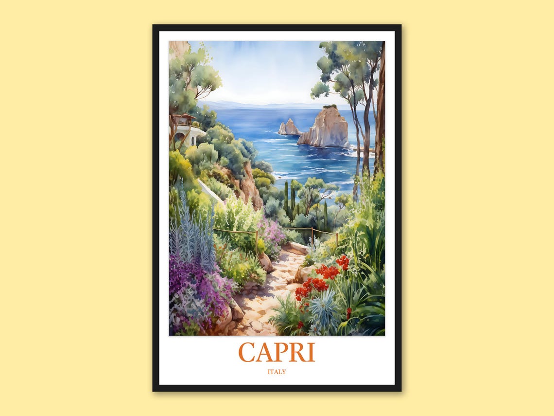 Capri Italy Wildflower Garden Descent Sea Cliffs Watercolor Poster