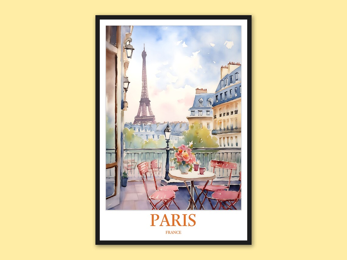 Paris France Eiffel Tower Cafe Balcony Romantic Watercolor Wall Art
