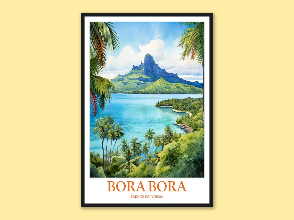 Bora Bora Lagoon Panorama Palm Trees and Mount Otemanu View Poster
