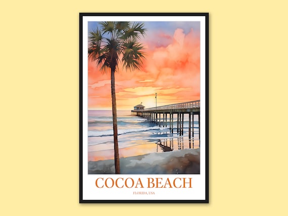 Cocoa Beach Florida Iconic Pier and Palm Sunset Travel Poster