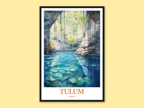 Tulum Mexico Cenote Turquoise Blue Pool Watercolor Travel Poster