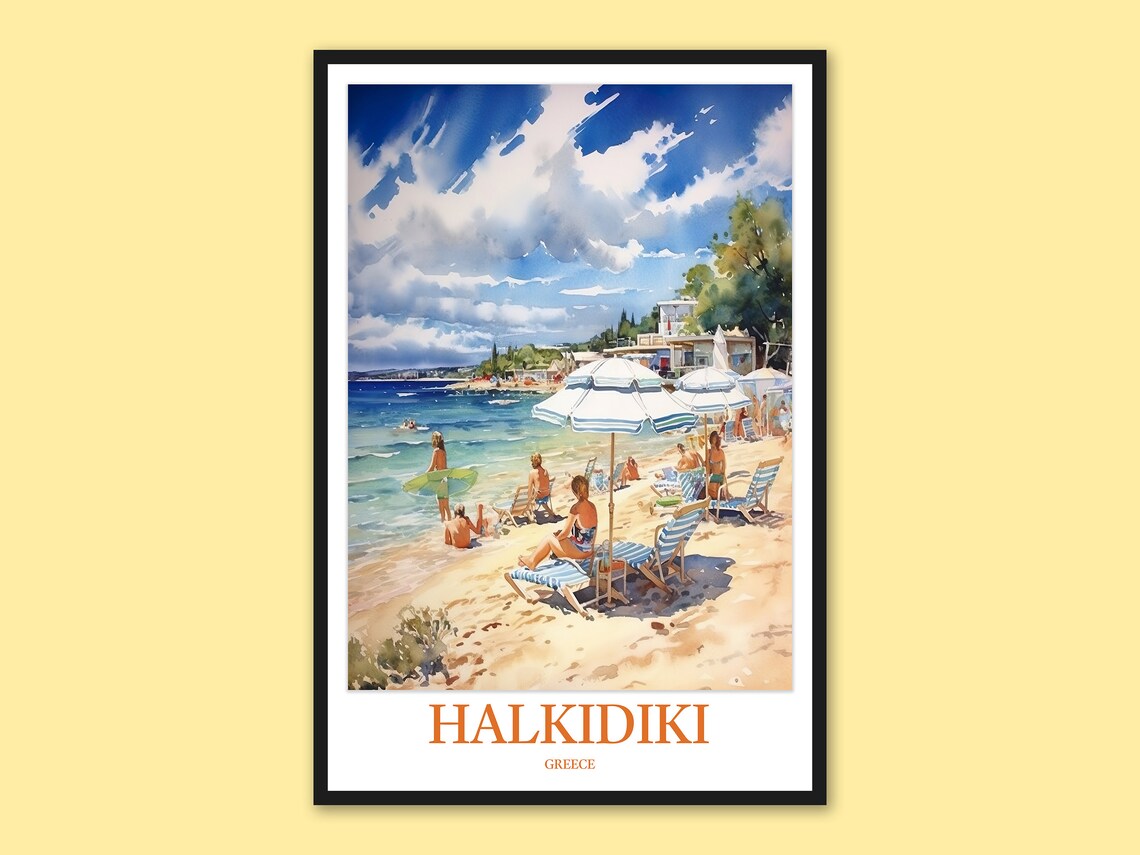 Halkidiki Greece Beach Umbrellas Sunbathers Watercolor Travel Poster
