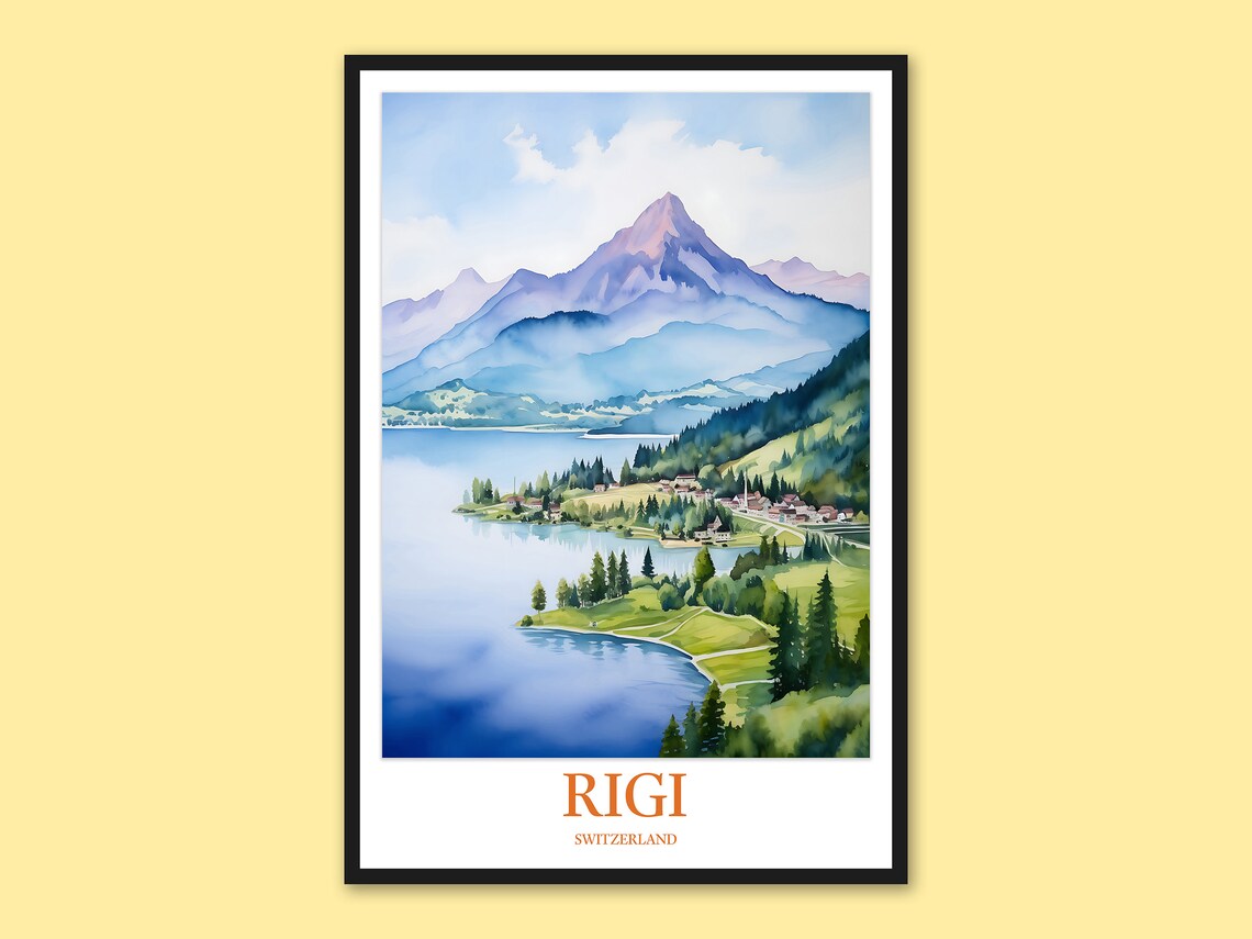 Rigi Switzerland Watercolor Mountain Lake Village Travel Poster