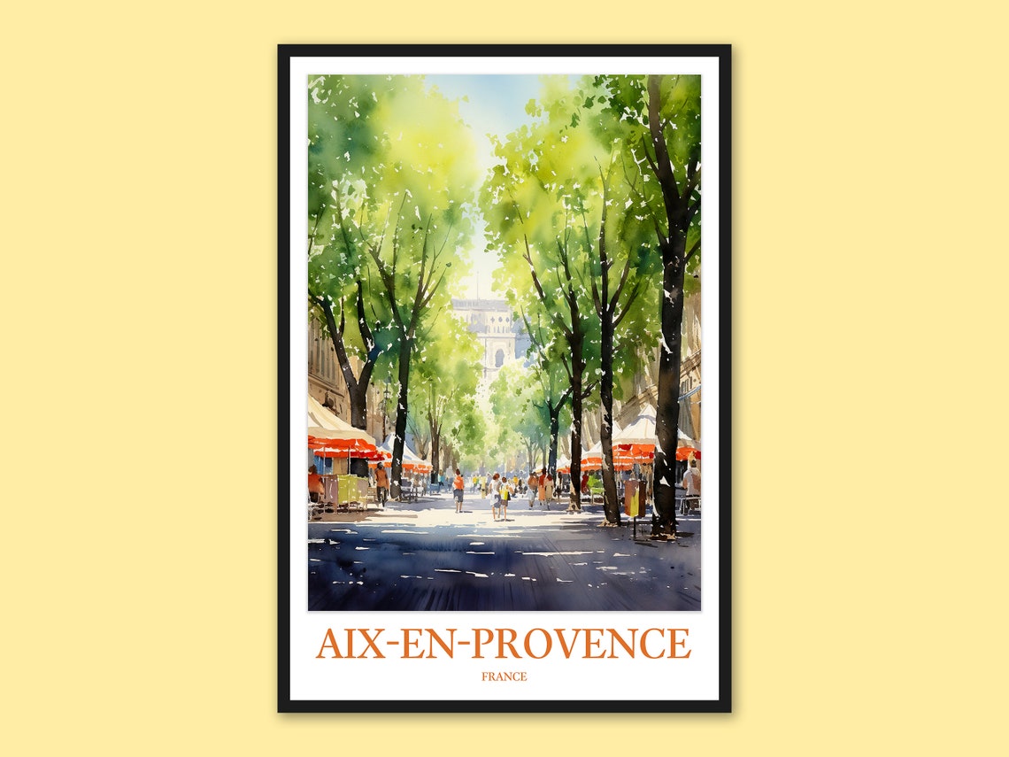 Aix-en-Provence Tree Lined Market Street Summer Watercolor Poster