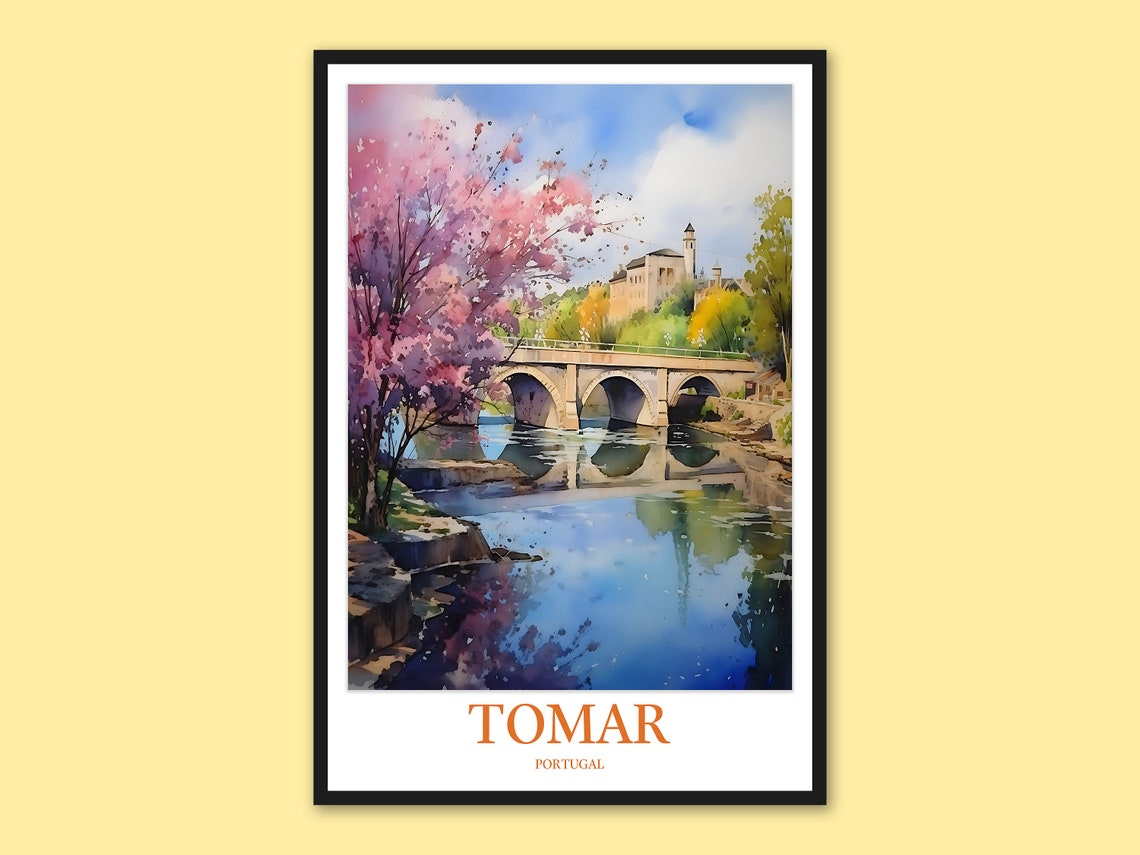 Tomar Portugal Old Stone Bridge in Spring Blossom Travel Poster