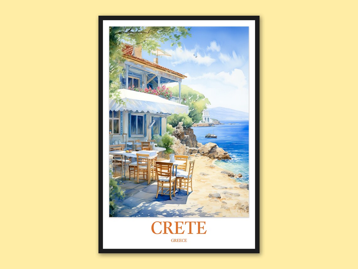 Crete Greece Beachside Cafe Terrace with Sea View Travel Poster