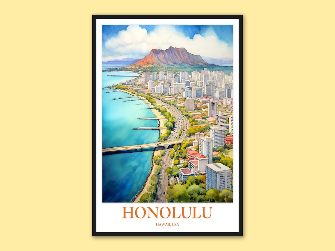 Honolulu Hawaii Watercolor Travel Poster Diamond Head Overlooking The Harbor