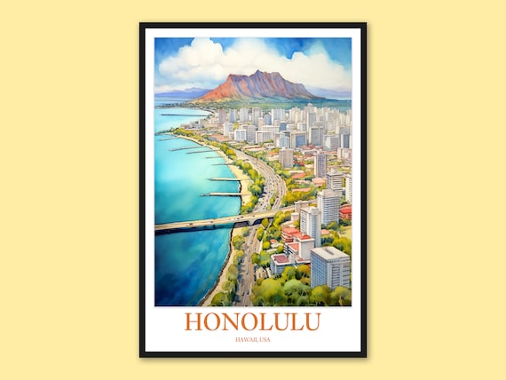 Honolulu Hawaii Watercolor Travel Poster Diamond Head Overlooking The Harbor