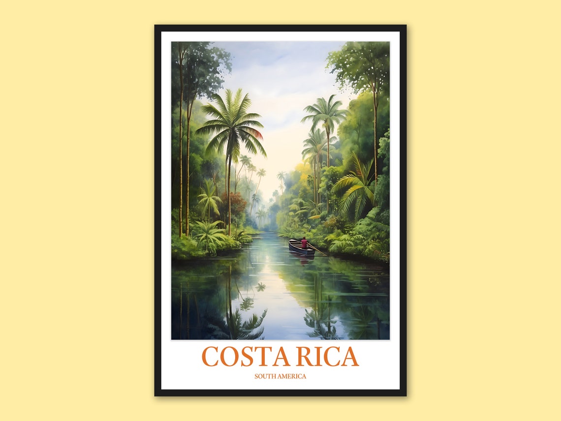 Costa Rica Palm Lined Jungle River With A Canoe Travel Art Poster
