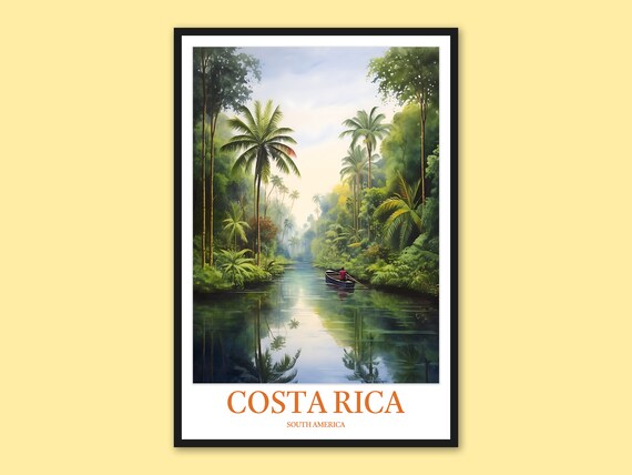 Costa Rica Palm Lined Jungle River With A Canoe Travel Art Poster