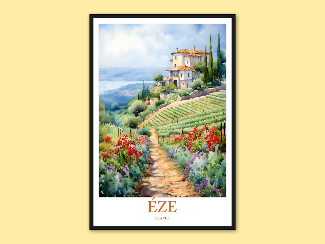 Eze France Hilltop Vineyard Path Watercolor Village Travel Poster