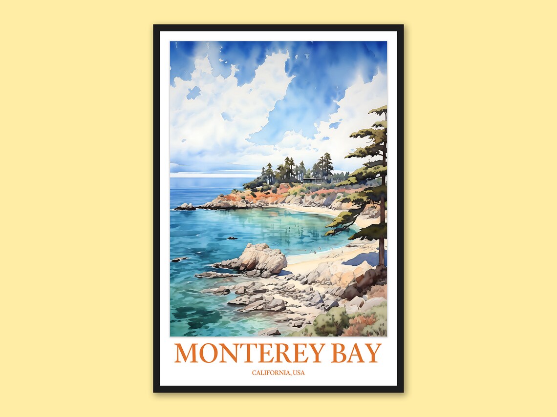 Monterey Bay California Rocky Coast Watercolor Travel Poster
