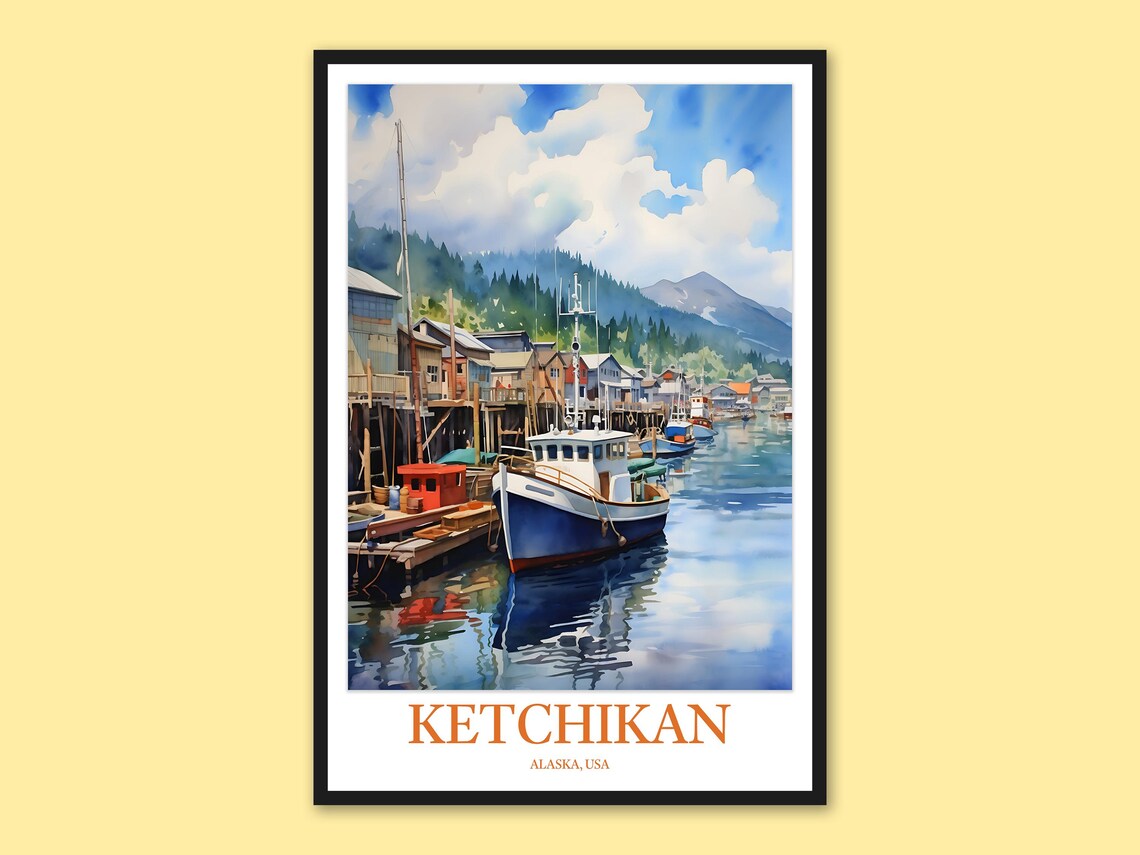 Ketchikan Alaska Fishing Harbor Blue Day Watercolor Travel Poster