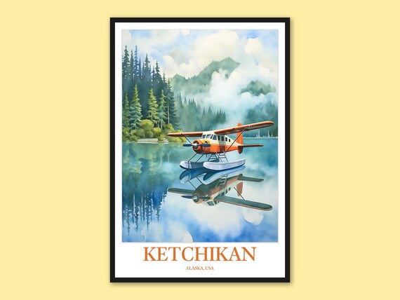 Ketchikan Alaska Floatplane Watercolor Lake Reflection Poster